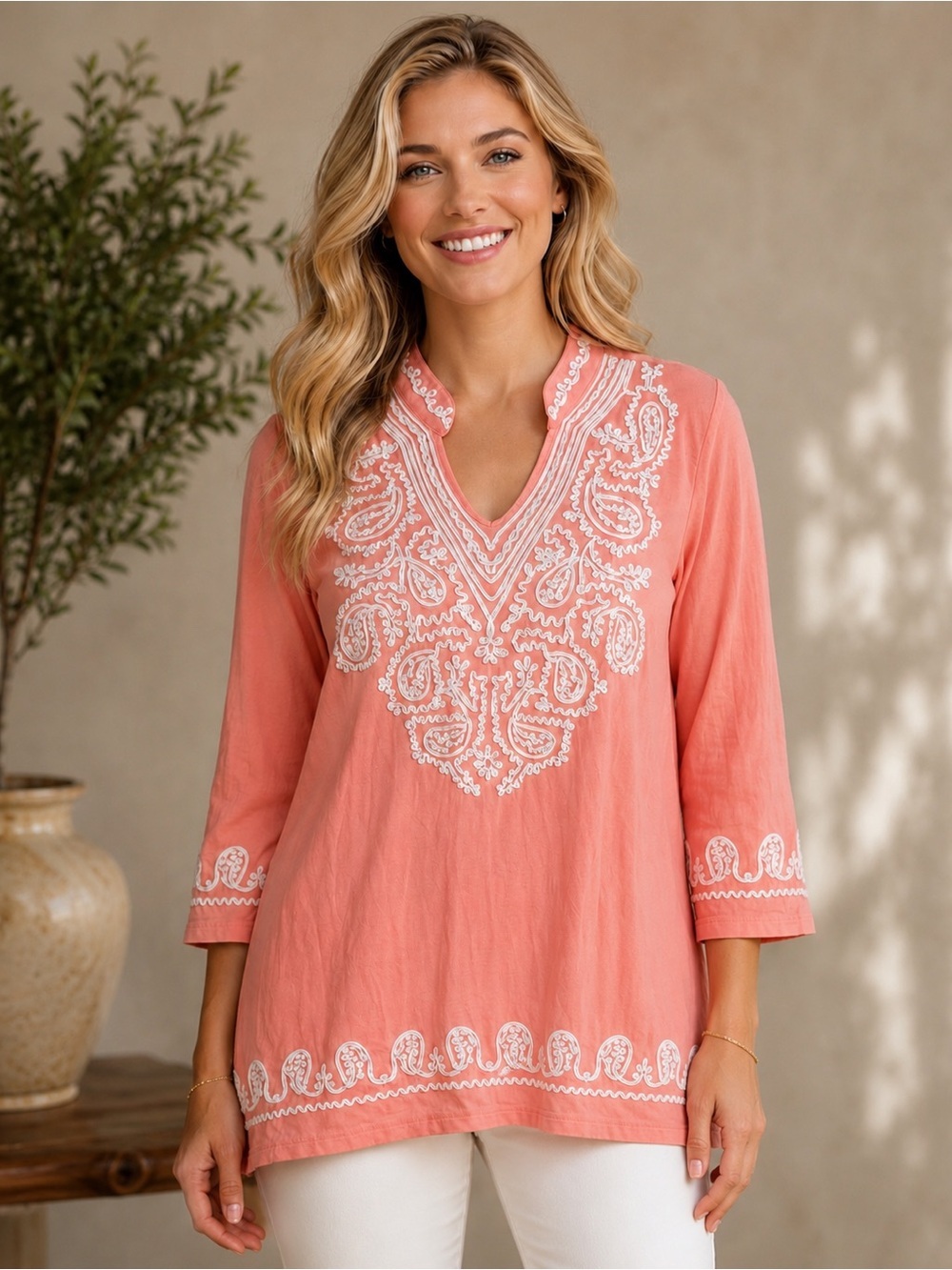 Embroidered V-Neck Tunic Top in Coral
